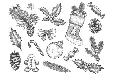 Sketch decoration xmas set. Christmas and happy new year symbols. Sock