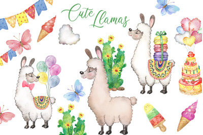 Cute llama watercolor clipart. Llama party, balloons, cake, ice cream.