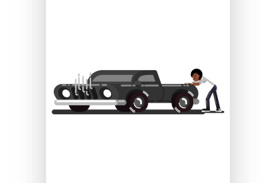 Black man pushes the broken car