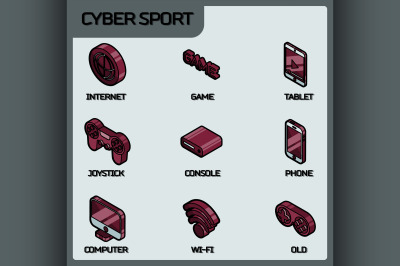 Cyber sport color outline isometric icons