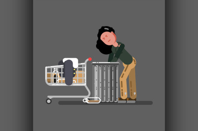 Homeless girl with a cart digs