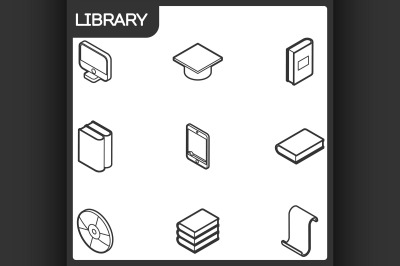 Library outline isometric icons