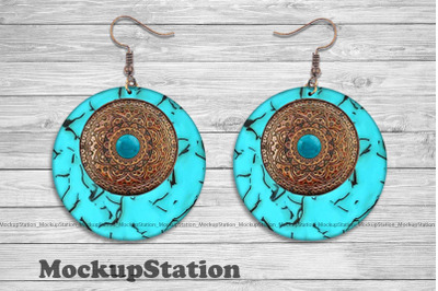 Turquoise Brown Leather Round Earring Sublimation Design PNG File
