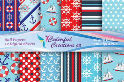 Sail And Anchor Set Digital Papers, Nautical Digital Papers, Stripes,