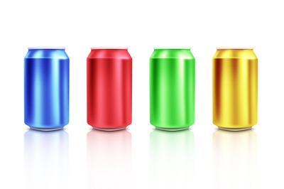 Colorful cans on white background. Mockup. Vector illustration