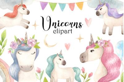 Watercolor Unicorns. Cliparts and Pattern