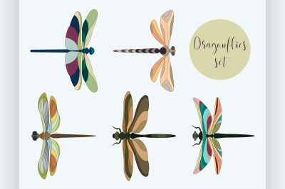 Set of silhouettes of dragonflies