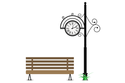 Retro clock and wooden bench