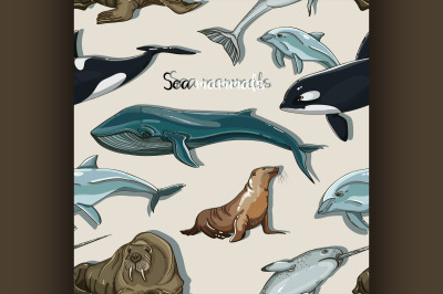 Sea mammals animal collection icons pattern