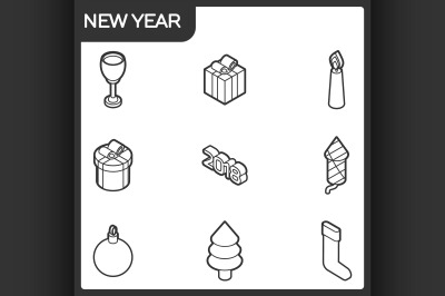 New year outline isometric icons