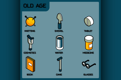 Old age color outline isometric icons