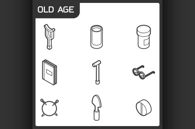 Old age outline isometric icons