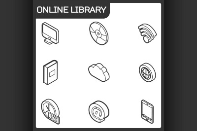 Online library outline isometric icons