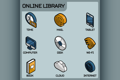 Online library outline color isometric icons