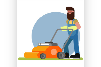 Man works with a lawn mower