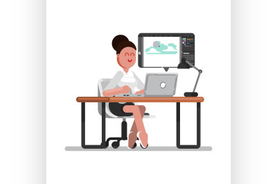 Woman designer doing illustration on laptop