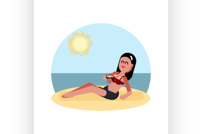 Woman laying on beach with cocktail