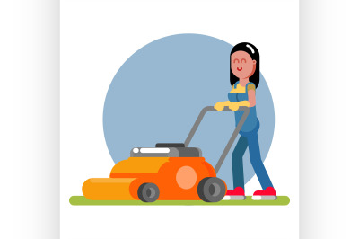 Woman works with a lawn mower