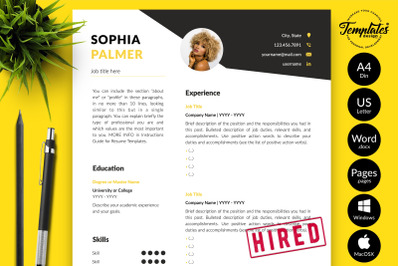 Modern Resume Template for Microsoft Word &amp; Apple Pages Sophia Palmer