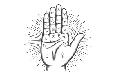 Palmistry map on open palm with astrology and hieromancy magic symbols