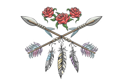 Hand drawn boho style design with rose flower, arrow and feathers. Vec