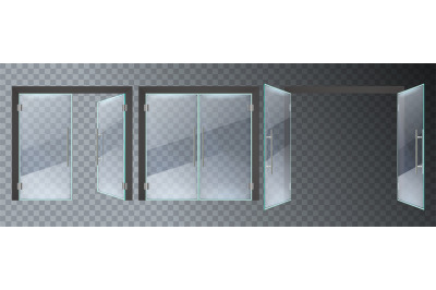 Realistic glass door. Entrance modern glass doors, office or shop mall