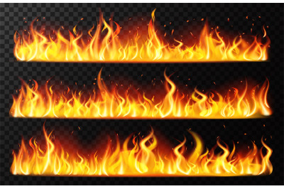 Realistic flame borders. Burning horizontal fire flame, red burning bl