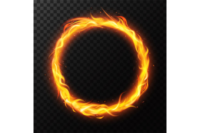 Realistic fire ring. Burning flame circle hoop, red flaming round ligh