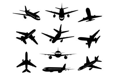 Airplane silhouette. Passenger plane landing, back front and bottom vi