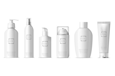 Realistic plastic skincare package. Cosmetic 3d plastic bottle, dispen