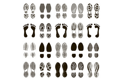 Shoes footprints. Footwear steps silhouette, boots or sneakers footste