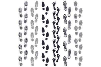 Walking footprints. Human footsteps trail, walking foot track routes,