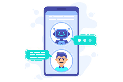 Chat bot communication. Smartphone chatting with conversation bot, cha