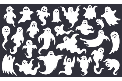 Spooky halloween ghost. Scary ghost characters, fly funny spook, cute