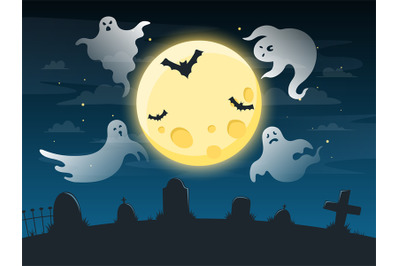 Halloween creepy poster. Flying scare ghosts, spooky ghost halloween c