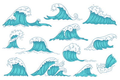 Sea waves. Ocean hand drawn water wave, vintage storm tsunami waves, r