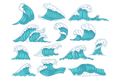 Oceanic waves. Sea hand drawn tsunami or storm waves, marine water sha