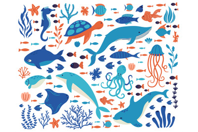 Doodle underwater animals. Ocean creatures, hand drawn marine life, do