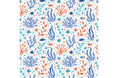 Ocean coral pattern. Underwater doodle seamless pattern, marine ocean