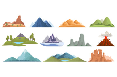 Mountain peaks. Snow ice tops, green hills and volcano outdoor landsca