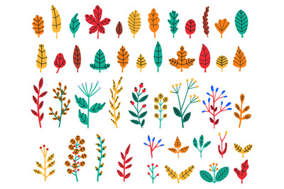 Autumn leaves. Fall forest leaves and berries, cozy doodle floral herb