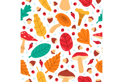 Fall leaves seamless pattern. Hand drawn forest autumn berries, acorns