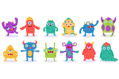 Cartoon monster characters. Halloween funny monsters, cute fluffy alie