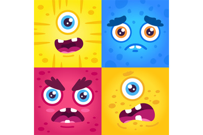 Funny monster expressions. Halloween cute creatures muzzle, scary mons