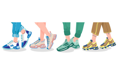 Legs in sneakers. Female or male legs wearing modern sneakers, people