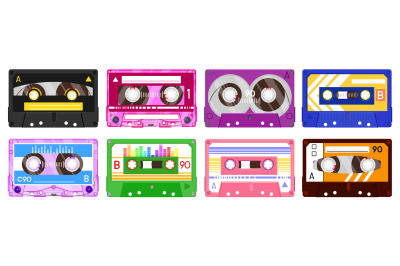 Audio record tapes. Retro 90s music cassette, vintage music mix audio