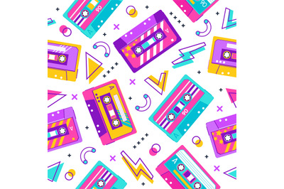 Retro cassette pattern. Seamless vintage memphis 90s party pattern, mu