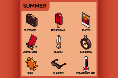 Summer color outline isometric icons