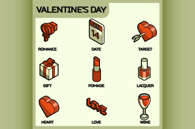 Valentines day color outline isometric icons