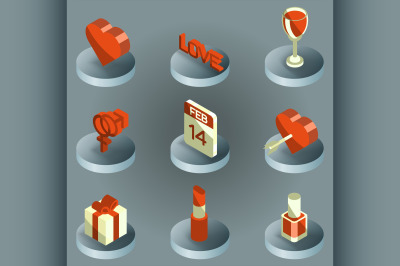 Valentines day color isometric icons